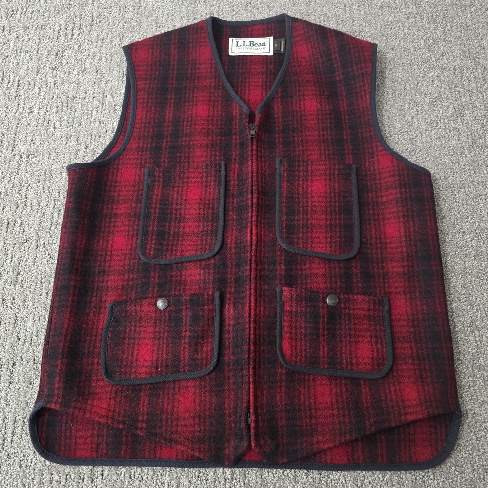 Vintage 80s LL Bean Buffalo Plaid Wool Utility Hunting Vest Mens Small USA